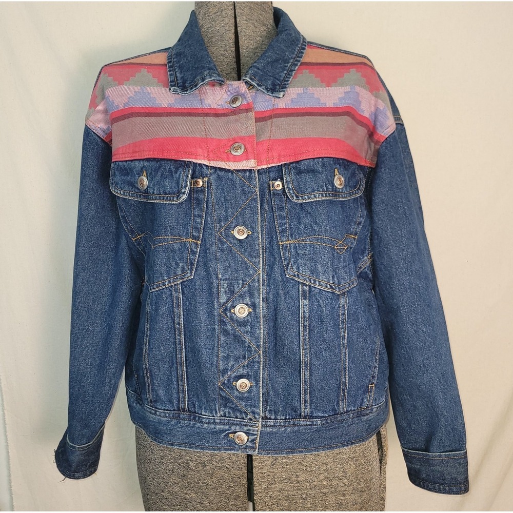 Vintage 80s 90s Aztec Blanket Patchwork Denim Jean Jacket Soho Western M